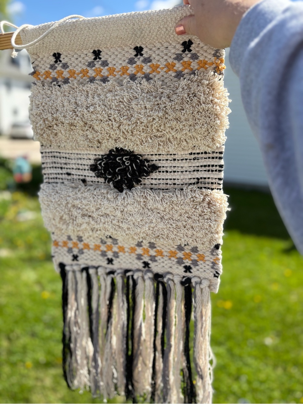 Boho Woven Cream and Black Wall Hanging with Mustard Accents 12x28